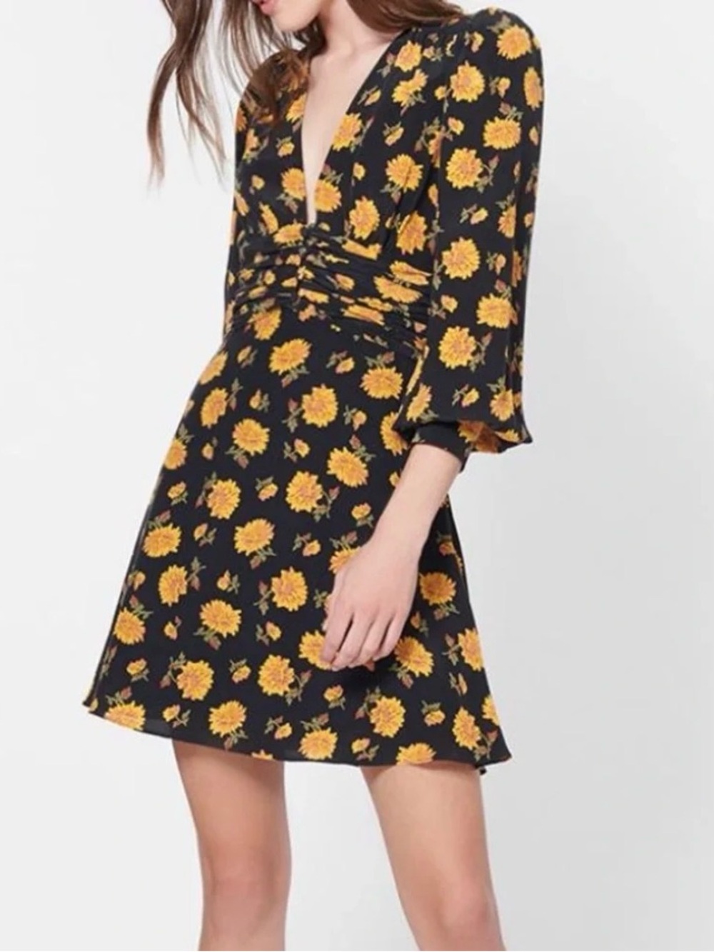 Veronica Beard Marion Silk Long Sleeve Black Mini Dress with Yellow Floral Print